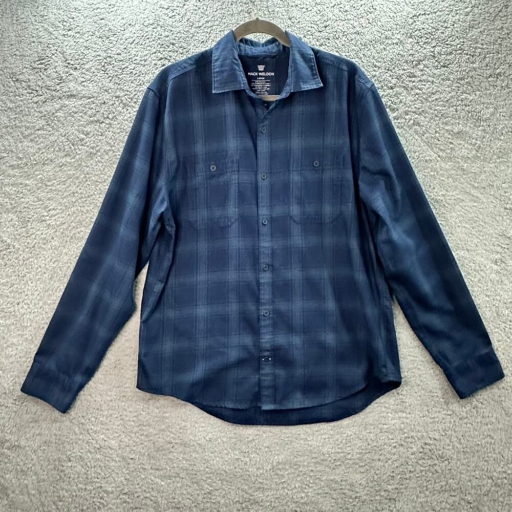 Mack Weldon Men's Large Blue Plaid Merino Wool Blend Button Down Long Sleeve